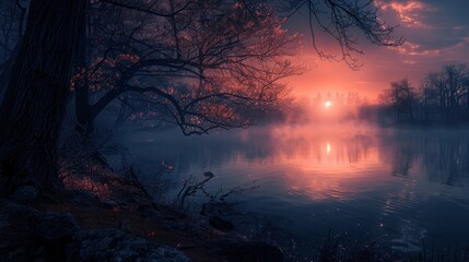 Obraz premium Serene sunrise over misty lake, reflected colors in calm water, bare trees along shore.