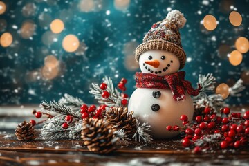 Festive Snowman with Pine Cones and Holly Berries on Snowy Wooden Surface