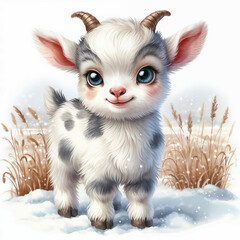 Cute baby goat stands playfully in the snow among soft pink flowers on a winter day