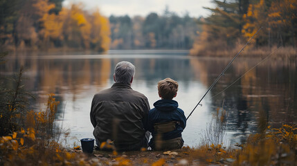 Obraz premium Grandfather Grandson Fishing Together Serene Lake Candid Moment Generational Bonding