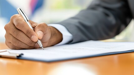 Close-up of politician signing important document on wooden desk, symbolizing political career and decision-making process with flag and cityscape elements.