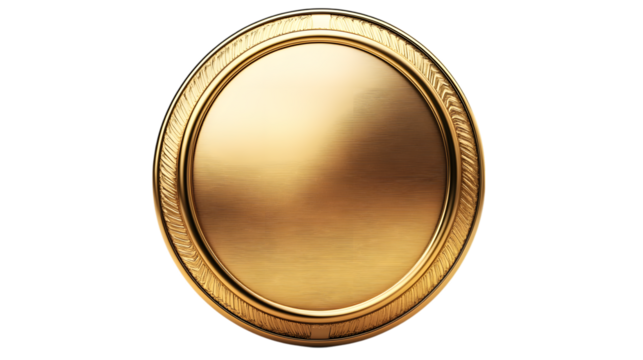Vintage round golden shield featuring a smooth, reflective surface and elegant finish Isolated on white background