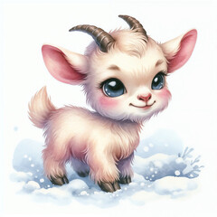 Cute baby goat stands playfully in the snow among soft pink flowers on a winter day