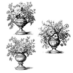 Vases with flowers linocut hand drawn bouquet