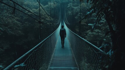 Obraz premium Serene Adventure on a Foggy Suspension Bridge in a Lush Rainforest Surrounded by Verdant Trees and Mysterious Atmosphere for Nature Enthusiasts and Travelers