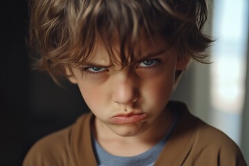 A close-up portrait of a young boy with messy hair, displaying an angry expression. His furrowed brows and pursed lips convey strong emotions, set against a blurred background.