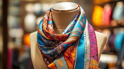 Vibrant silk scarf display fashion boutique product showcase colorful environment close-up view luxury concept