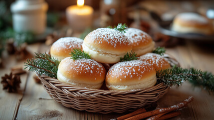 Basket of Swedish Semla Pastries with Festive Decor and Candlelight