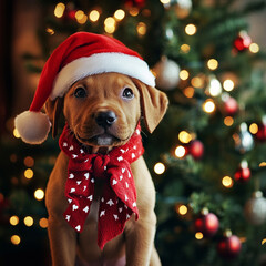 dog, christmas, animal, puppy, pet, dachshund, hat, cute, xmas, canine, santa, gift, small, sitting, holiday, pets, decoration, tree, red, fun, dackel, portrait, cap, isolated, happy