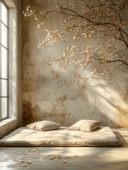 Serene indoor space with soft cushions and a blossoming branch against a textured wall