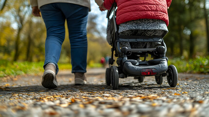 Obraz premium Candid shot of a caregiver and elderly person enjoying a walk together concept as A candid photo of a caregiver and elderly person taking a walk outdoors. The image emphasizes mobility companionship a