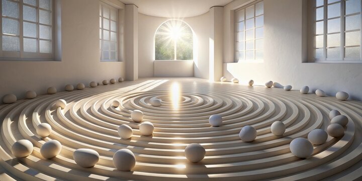 Serene Minimalist Interior with Concentric Circles and Ovoid Forms Illuminated by Sunlight - Powered by Adobe