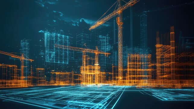 High-tech construction site with glowing blueprints