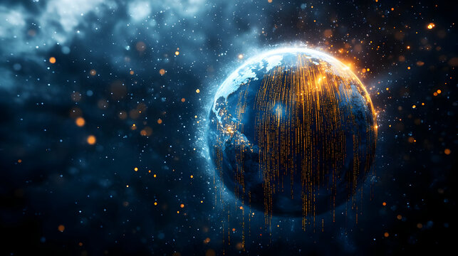 Glossy Earth Image with Binary Code Rain on Dark Background for Data Network Concept