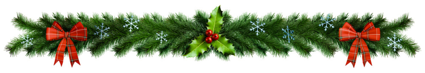 Long Christmas garland with decorative bows, snowflakes and holly berries. Transparency, 3D render, PNG. © Svetlana Parshakova