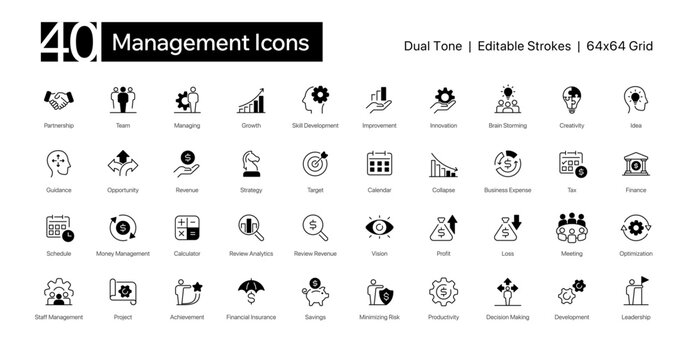 Business Management Duotone, dual tone, glyphs, line, outline, fill, notion, Icons, Editable Strokes, 64x64 grid, 1.5pt stroke