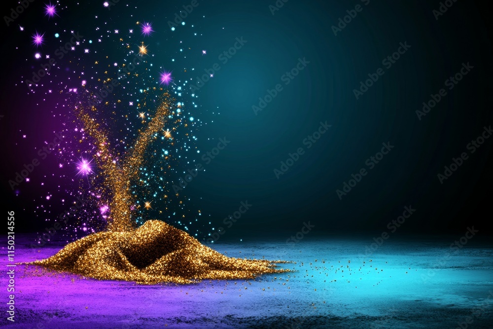 Poster a pixel art depiction of a glitter explosion in vibrant colors, with sparkling stars and animated fl