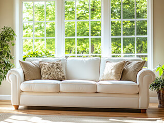 Bright and cozy living room with a white sofa and natural light from large windows