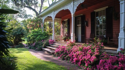Obraz premium Charming Southern House with Blooming Azaleas