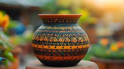 Close Up Traditional Earthen Pot Intricate Patterns Copy Space Makar Sankranti Cultural Representation