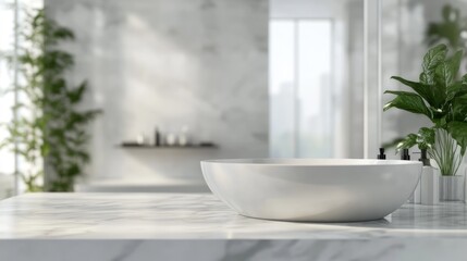 White bathroom interior. Empty marble table top for product display with blurred bathroom interior background