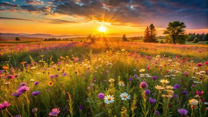 Fototapeta premium Golden Hour Meadow Vibrant Wildflowers Basking in Sunset's Glow