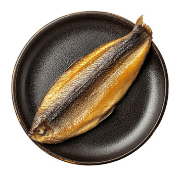 Top view of a delicious looking kippers on a dark stoneware dish isolated on a white transparent background