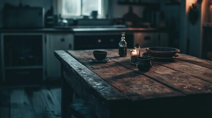 Dark kitchen scene featuring a textured wooden table and moody lighting for a cozy modern aesthetic