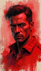 Fototapeta premium a painting of a man with a red shirt and a red background