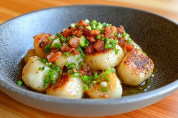 A plate of pan-seared gnocchi served with caramelized Brussels sprouts and bacon bits, on a modern ceramic plate