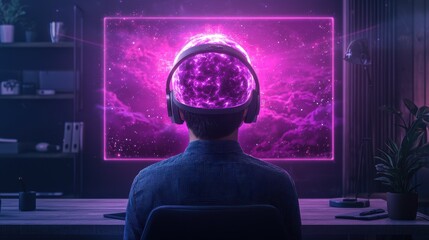 Naklejka premium Man wearing headphones immersed in virtual reality with glowing cosmic visuals in a dark room