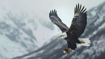 A bald eagle with a grey head and yellow feet soaring through the sky, representing strength, elegance, and the majesty of nature in fligh