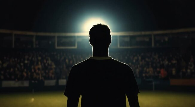 Silhouette of a soccer player on the field at night.