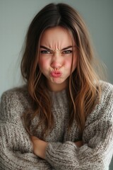 Fototapeta premium A young woman with long, wavy hair making a funny, exaggerated facial expression. She is wearing a cozy, oversized sweater and has her arms crossed, conveying a playful mood.