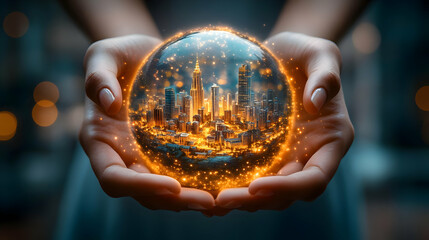Fototapeta premium Bokeh Art: Hands Cradle Glowing Orb with Cityscape, Spirituality and Care Theme