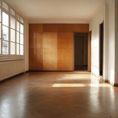 Obraz premium Spacious Empty Room With Wooden Accents and Natural Light Showcasing a Minimalist Interior Design in a Modern Building