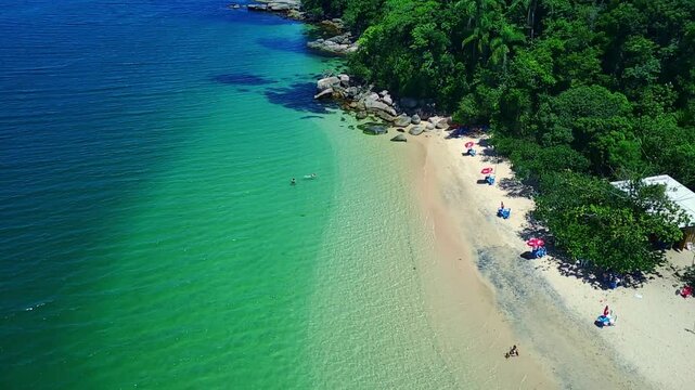 Calm day at Paraty, Rio de Janeiro, Brazil. Island crystal seawater. Aerial view. Seascape.