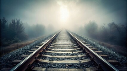Fototapeta premium Mysterious Foggy Railroad Tracks Leading to a Bright Light in the Distance