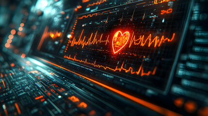 Obraz premium Robotic Display Heartbeat Graph Macro Image AI Integration Healthcare Monitoring