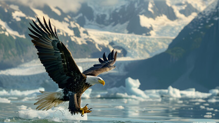 A bald eagle with its wings spread wide, soaring majestically over the landscape, embodying freedom