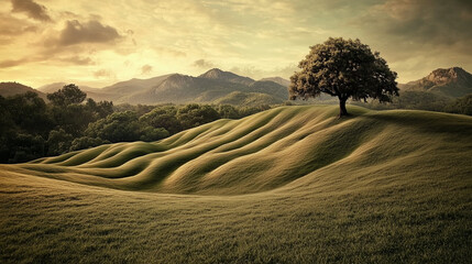 Obraz premium Surreal Landscape with Rolling Hills and a Lone Tree Under a Cloudy Sky