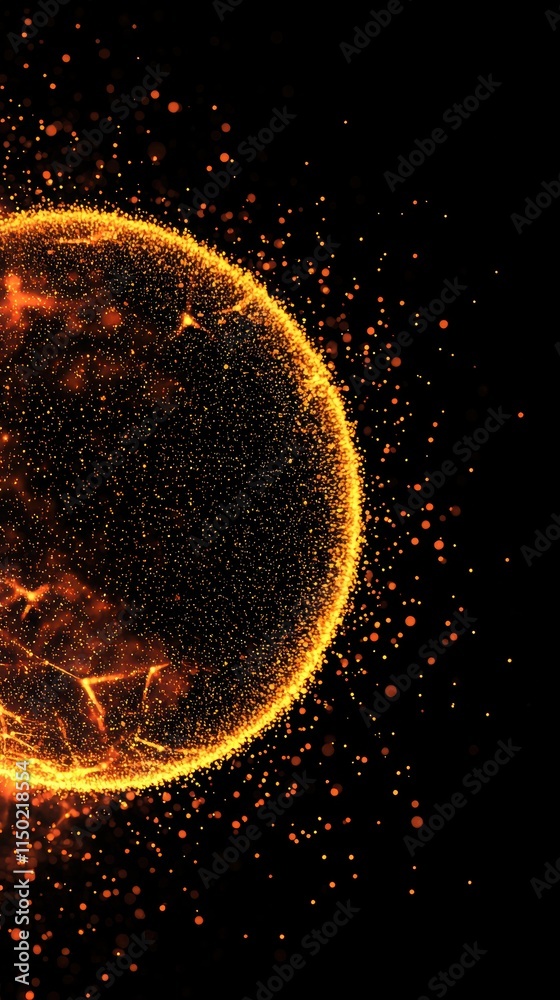 Poster dynamic glowing particle streams forming a 3d sphere on black background
