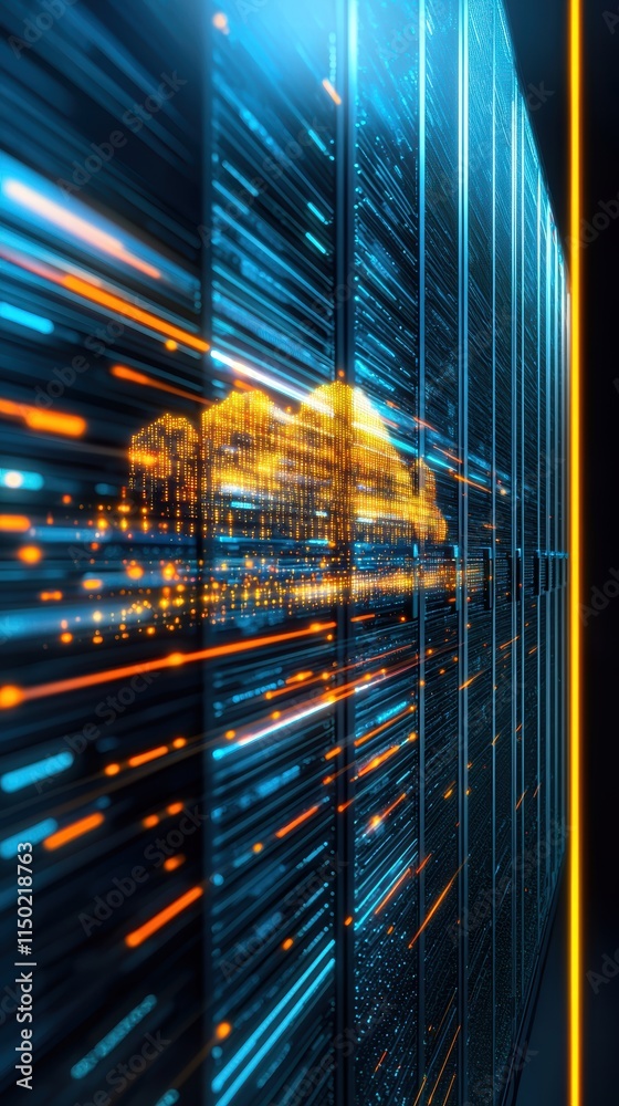 Poster luminous cloud servers glowing in dark space with dynamic data flow visuals