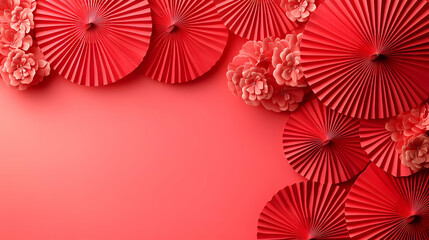 Obraz premium Plain pink background featuring red Chinese cherry blossoms and copy space on the side. concept as A plain pink backdrop showcasing red cherry blossoms symbolizing beauty and new beginnings with ample