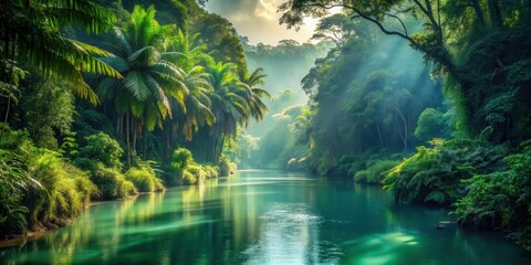Obraz premium Serene River Winding Through a Lush Tropical Jungle Paradise