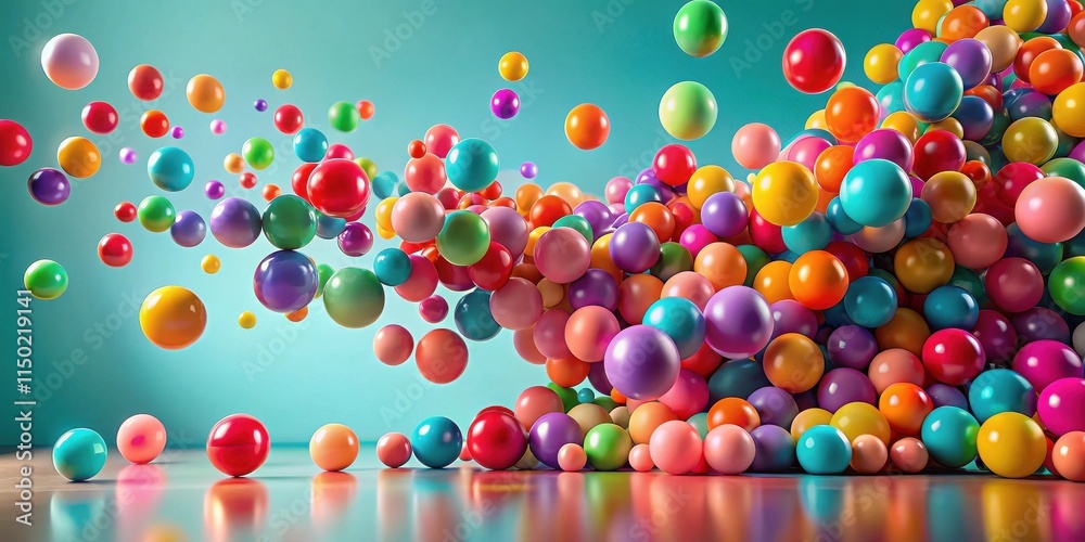 Poster A vibrant cascade of colorful spheres, playfully bouncing and swirling, creating a dynamic and joyful visual spectacle