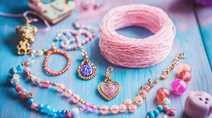Fototapeta premium Kids jewelry making kit. A skein of string, different beads, pendants and charms. Creative hobby gift for a girl