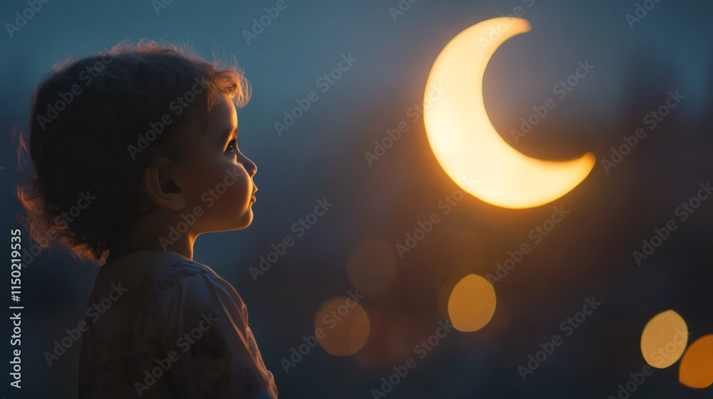 Poster capturing the essence of ramadan: child gazes at the bright crescent moon with wonder and hope in th