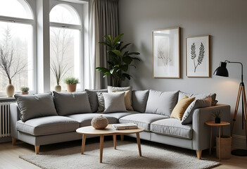 Grey corner sofa in scandinavian home interior design of modern living room.