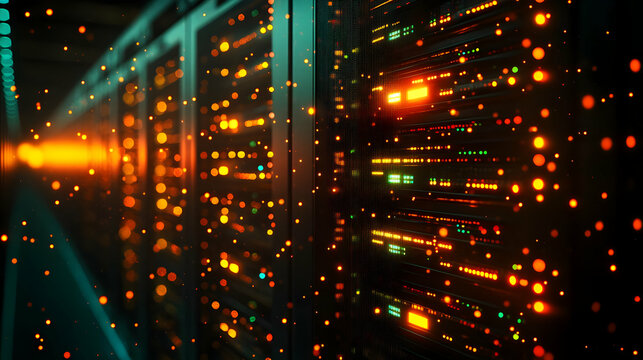 Bokeh Digital Art of Secure Server Racks with Glowing Lights and Copy Space